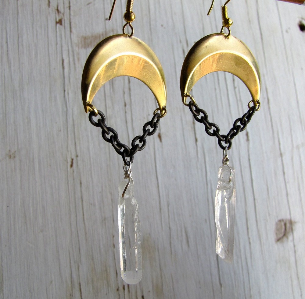 Crescent moon Earrings, Raw quartz rock crystal jewelry, Gold and Black