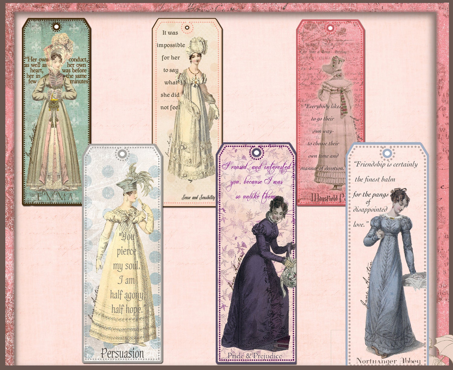 Jane Austen Bookmarks Six Novels Quotations Literature Pride and Prejudice Gifts for Her