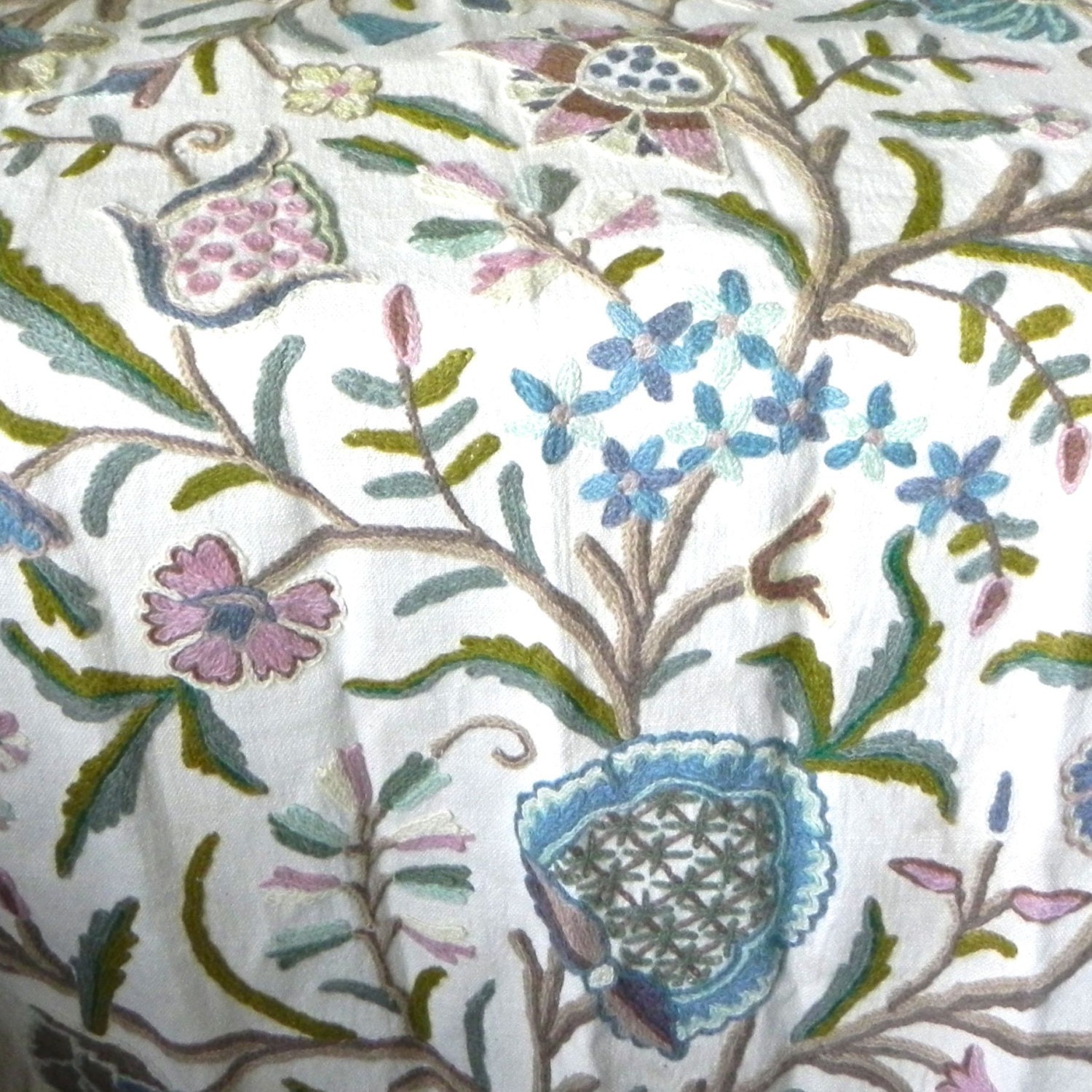 Vintage crewel work drapes with pinch pleat tops - yardage - 84 inches long olive green grey pink blue brown