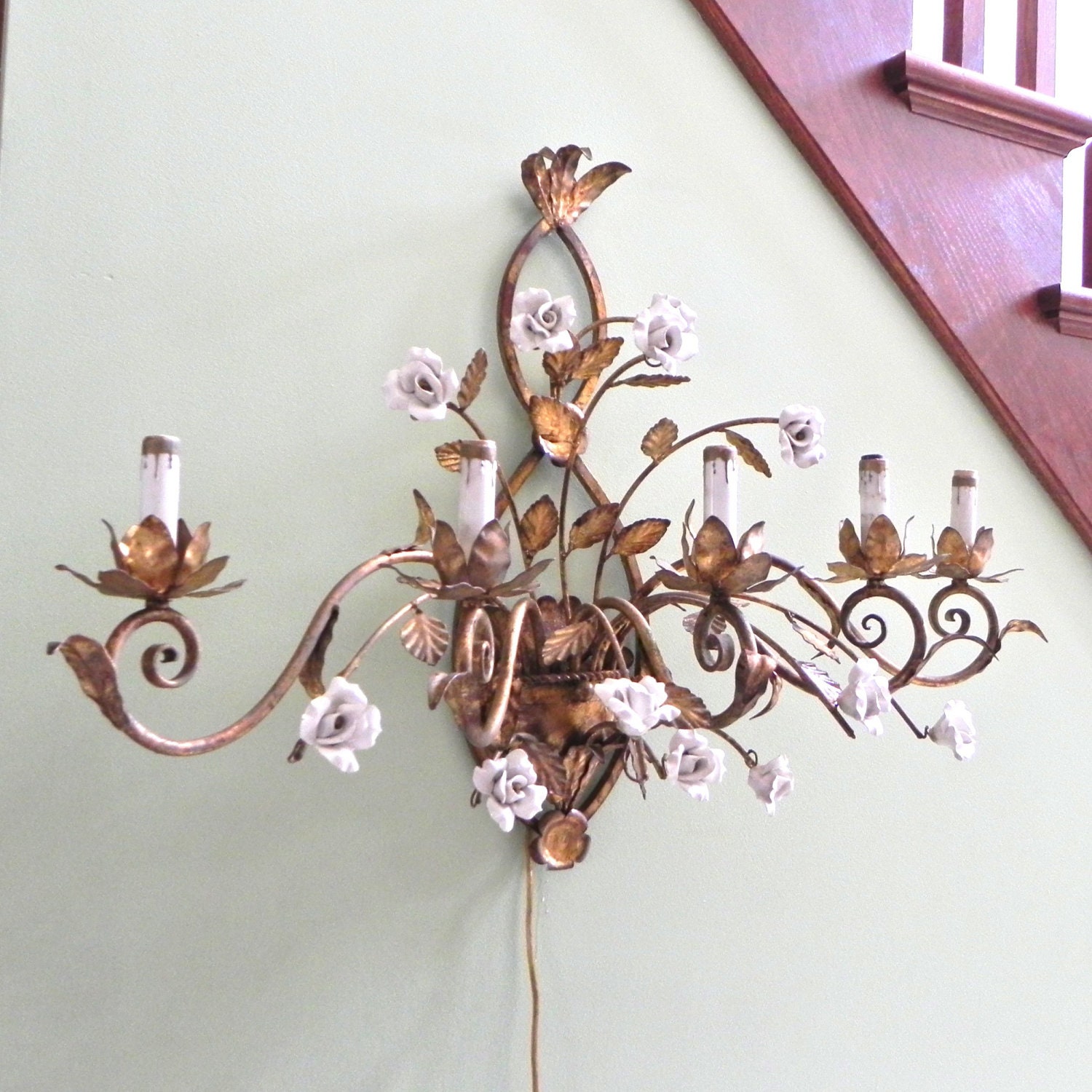 Vintage Italian sconce - large gilt gold and white enamel roses - dining room elegance Hollywood Regency electric bulb