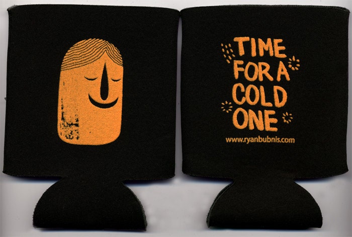 2 sided collapsible beer cozy. Bright orange screen print on black polyurethane foam. Fits 12 ounce cans and bottles.