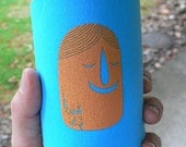 2 sided collapsible beer cozy. Bright orange screen print on baby blue polyurethane foam. Fits 12 ounce cans and bottles.