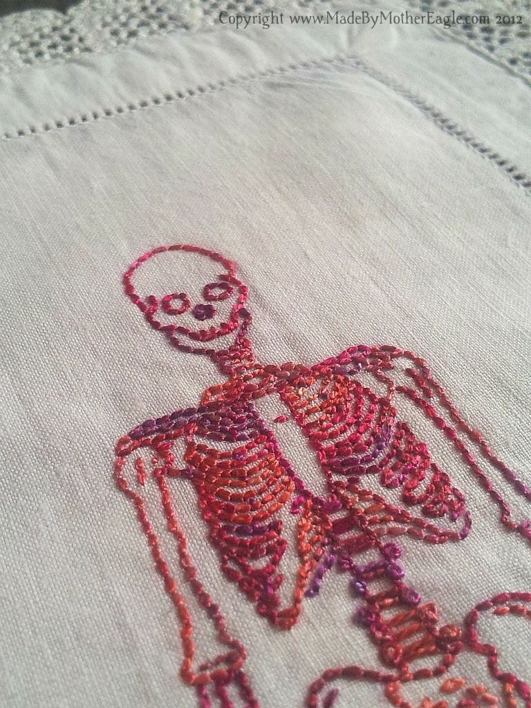 The Red Death - Silk Embroidery on Vintage Doily, Framed One Of A Kind Art