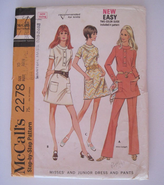 Fun late 1960s - early 1970s style vintage sewing pattern, McCall's 2278, dress or top and pants