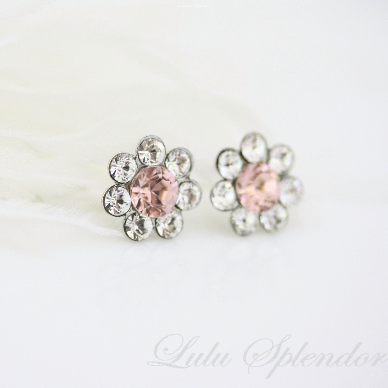 Rhinestone Stud Earrings, Pale Pink Bridal Earrings,  Vintage Rose Wedding Earrings,  HARLOW STUD