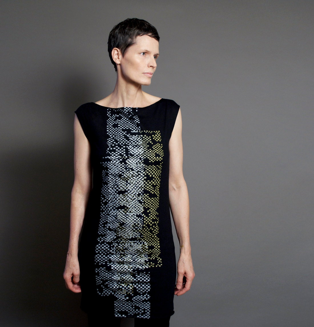 Fashion - Party T Shirt Dress - Metallic Shimmer Abstract Geometrical Print
