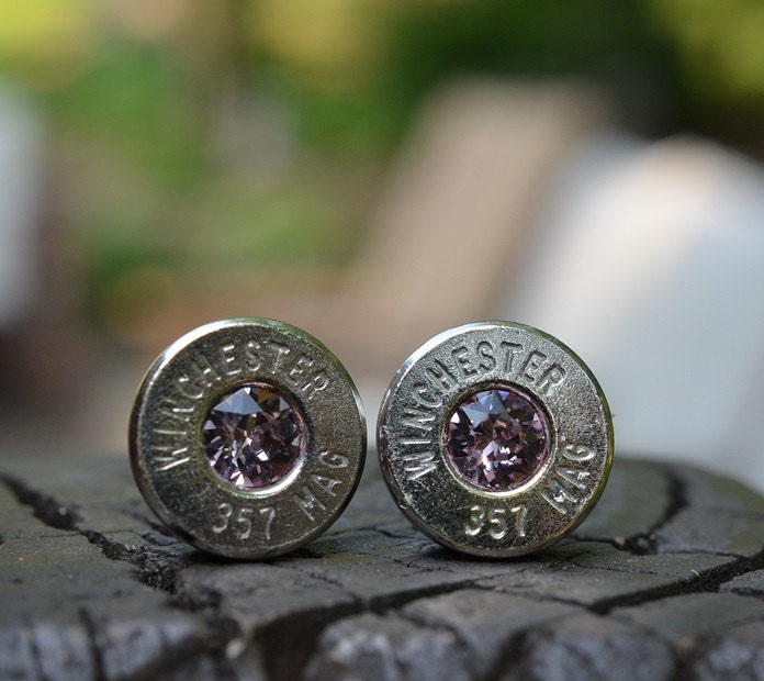 Bullet Earrings stud or post, nickel silver Winchester .357 magnum with Swarovski crystals