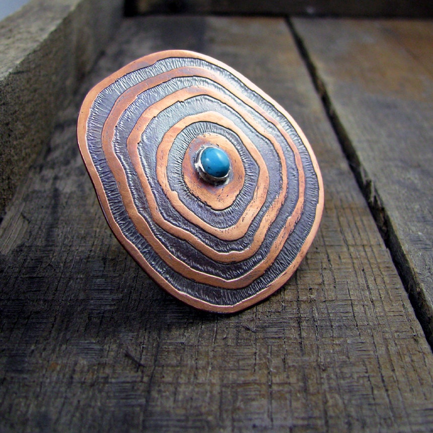 Etched Copper and Turquoise Shield Ring - And Into Infinity - MADE TO ORDER