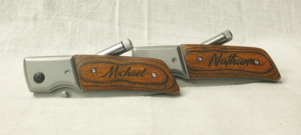 Personalized Laser Engraved Pakkawood Knives with LED Lite and Nylon Pouch