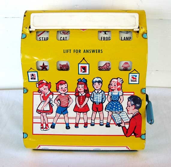 1950 Vintage Wolverine Toy  See and Spell Tin Toy, Yellow, Blue, Red, Educational, Kids - kelleystreetvintage