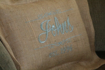 Burlap Pillow Embroidered with Family Name
