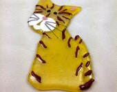 Lemon yellow, cherry red striped fused glass kitty - wall hanging series