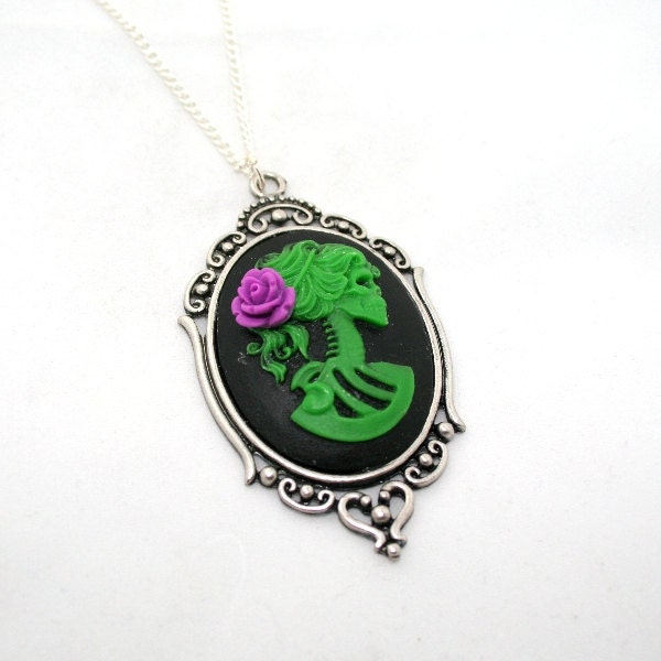 SALE - Halloween Bride Necklace, Skeleton Cameo, Lolita, Day of the Dead