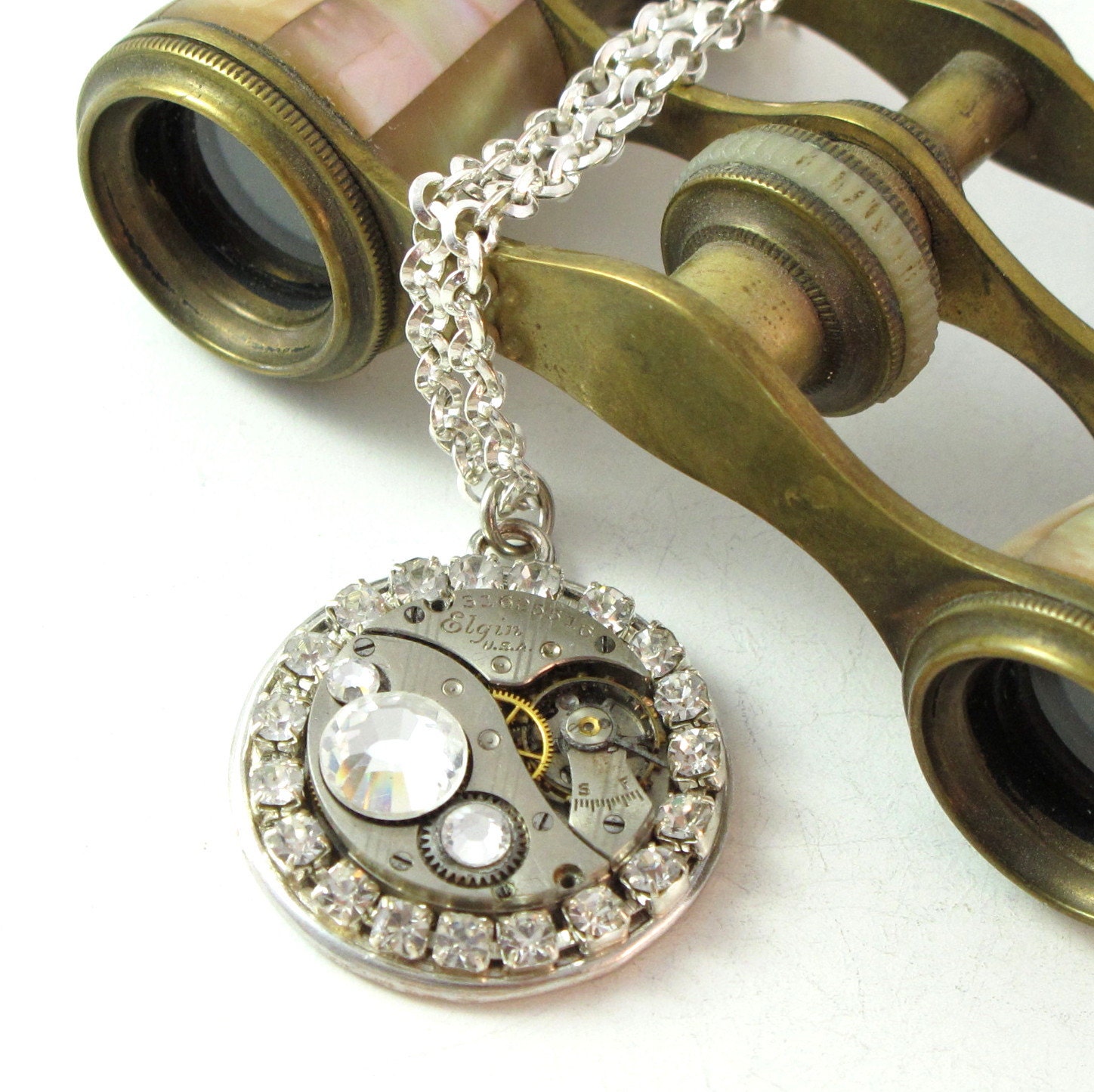 Steampunk Crystals OOAK Necklace Vintage 1929 Elgin Watch Movement Exclusive Design By Mystic Pieces
