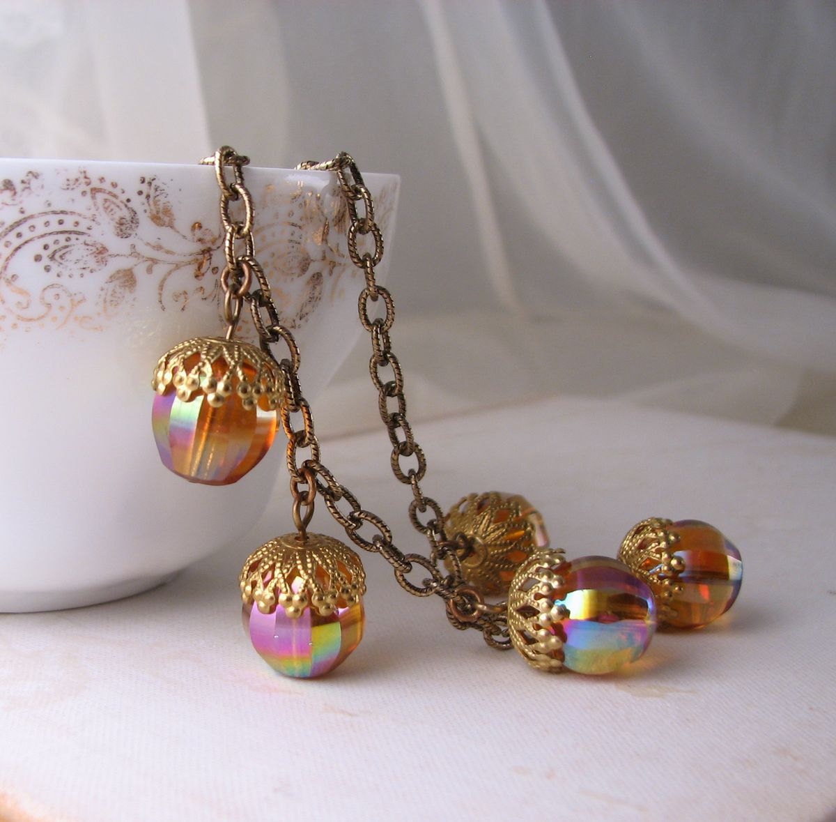 Woodland Acorn necklace with vintage topaz carnival glass beads