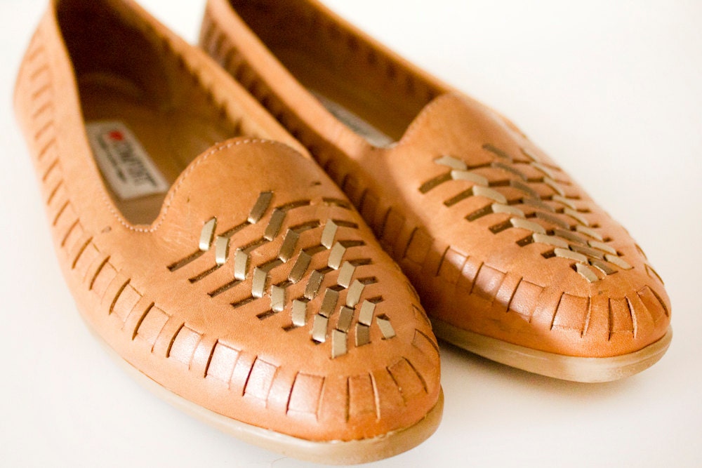 Tan Vintage Woven Leather Flats- Size 6.5