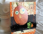 Hand Made Card Halloween Card Frightened Jack O Lantern Card Pumpkin Black Tinsel Orange Polka Dots Green Paper Flowers