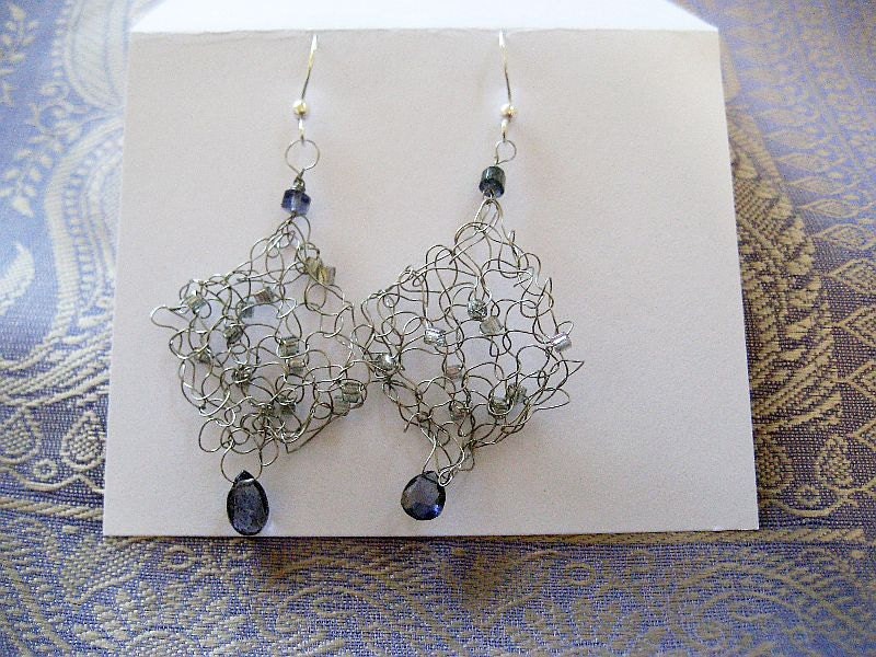 Libra jewelry - Lacy wire  knitted silver earring with one iolite teardrop