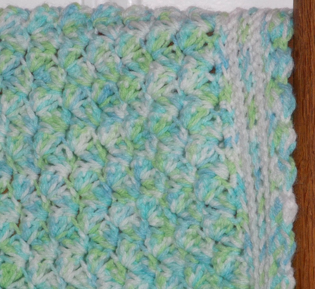 Cozy Baby Blanket ... Hand Crochet ... Travel Sized Afghan ... READY TO SHIP ... lime blue white