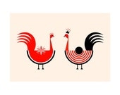 Hen and Rooster Art Print Bird Animal Illustration Modern home decor Wedding Birthday Gift anniversary Colorful