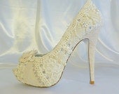 Lacey Ivory wedding shoes ..  with 5 1/4 heels and shabby chic rosette on toes
