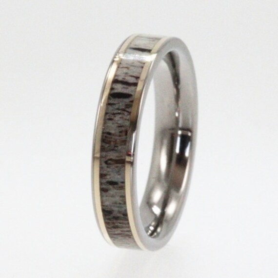 Titanium Ring inlaid with Deer Antler and two 14K Gold Pinstripes