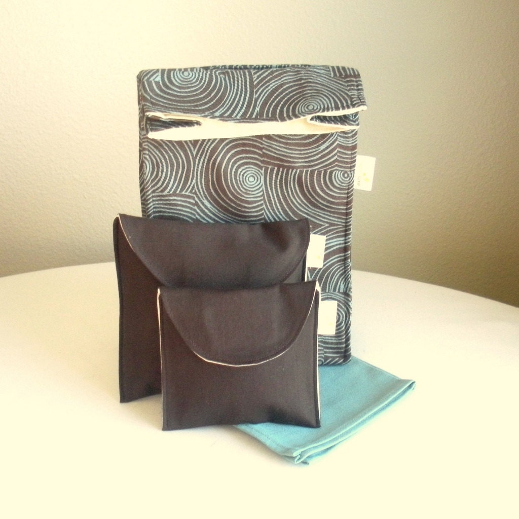 Insulated Lunch Bag Set, Organic Cotton, Eco Friendly - Brown/Aqua - 4 Piece