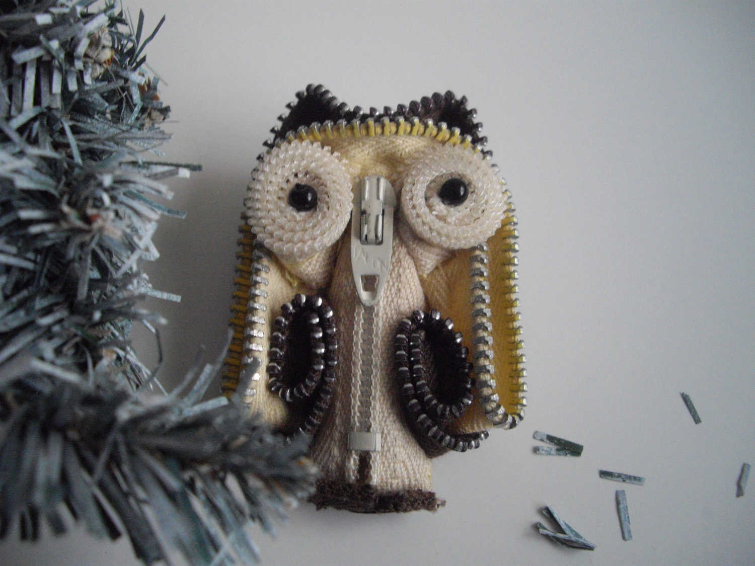 Woodland Owl Zipper Wearable Art Brooch Or Collectible Brown and Tan Handmade