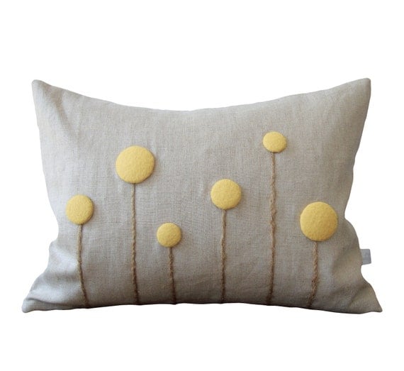 Pale Yellow Billy Ball Flower Pillow in Natural Linen by JillianReneDecor Craspedia Billy Button Floral Spring Home Decor Pastel