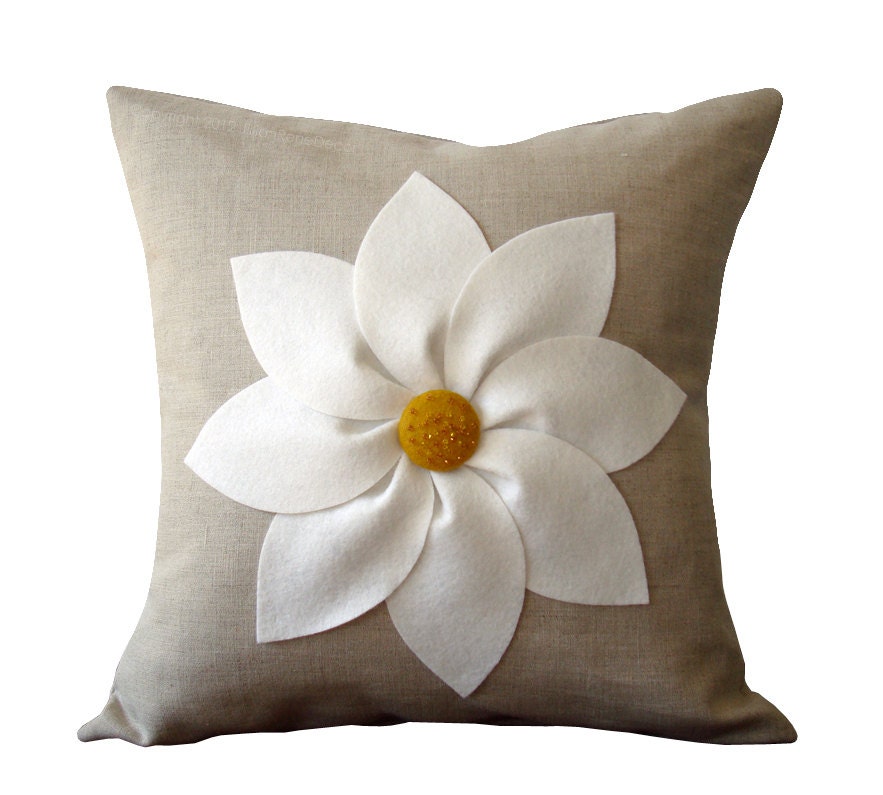 White and Yellow Flower PILLOW COVER in Natural Linen by JillianReneDecor Decorative Spring Home Decor (16x16) Floral