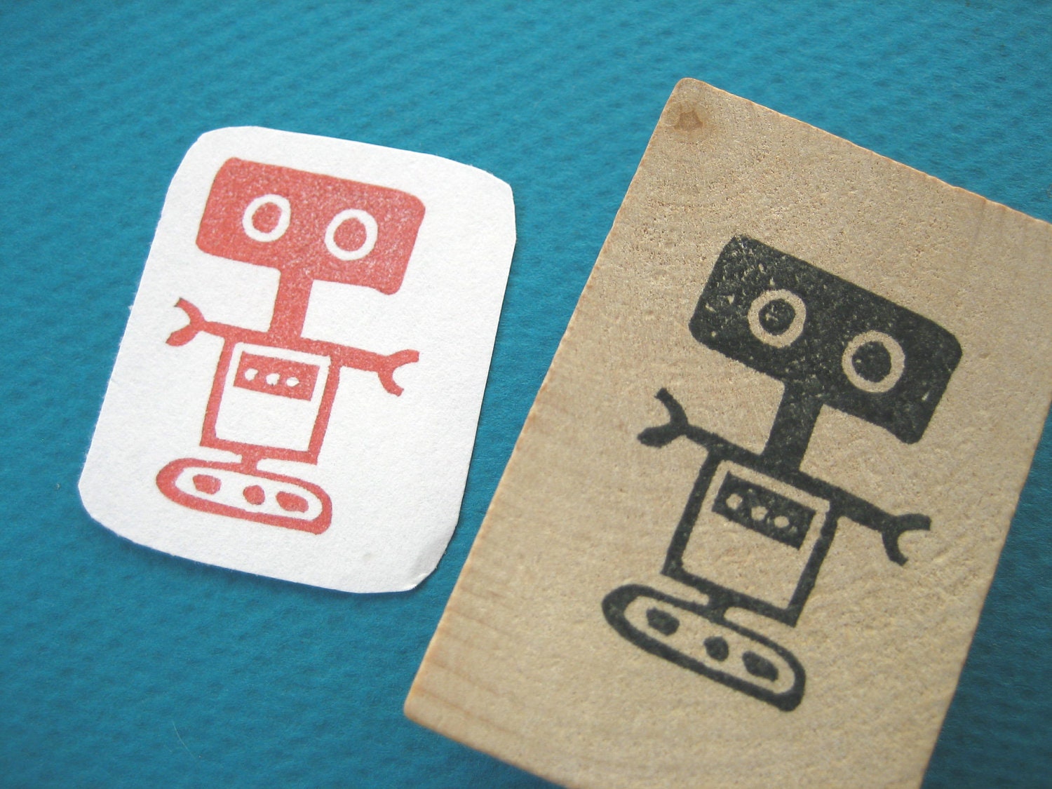 Cute  Robot Rubber Stamp 2, Hand Carved
