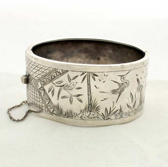 Antique Victorian Aesthetic Movement Hinged Cuff Bangle Bird Bracelet Sterling Silver 1882 Vintage