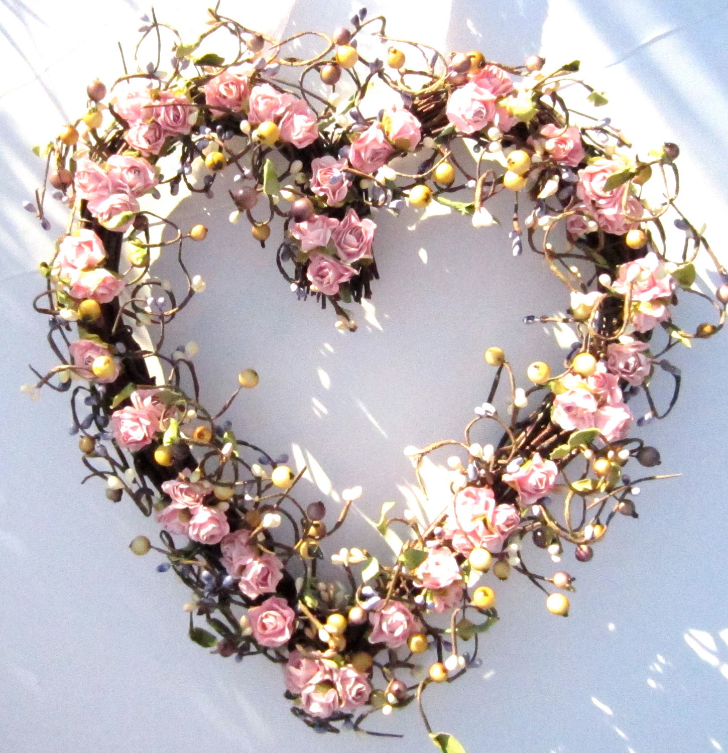 Heart Shaped Wreath - Pink Roses and Purple Berries -  Romantic Gift