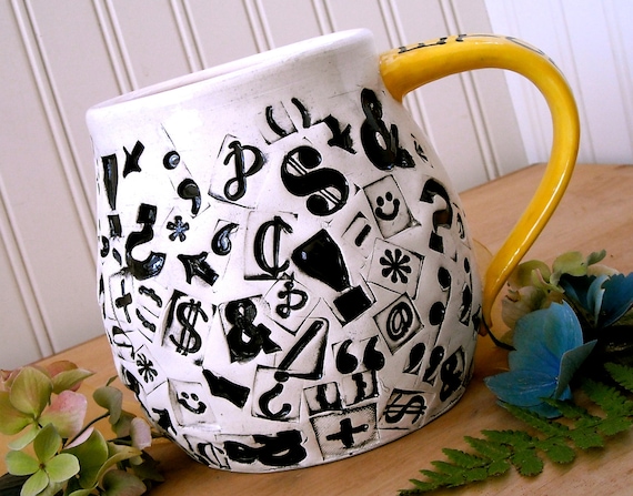 Large Coffee Mug - Wheel Thrown Letterpress Stamped Punctuation Tea Cup - ETCETERA - Teacher, Journalist, Reporter, Writer, Librarian Gift
