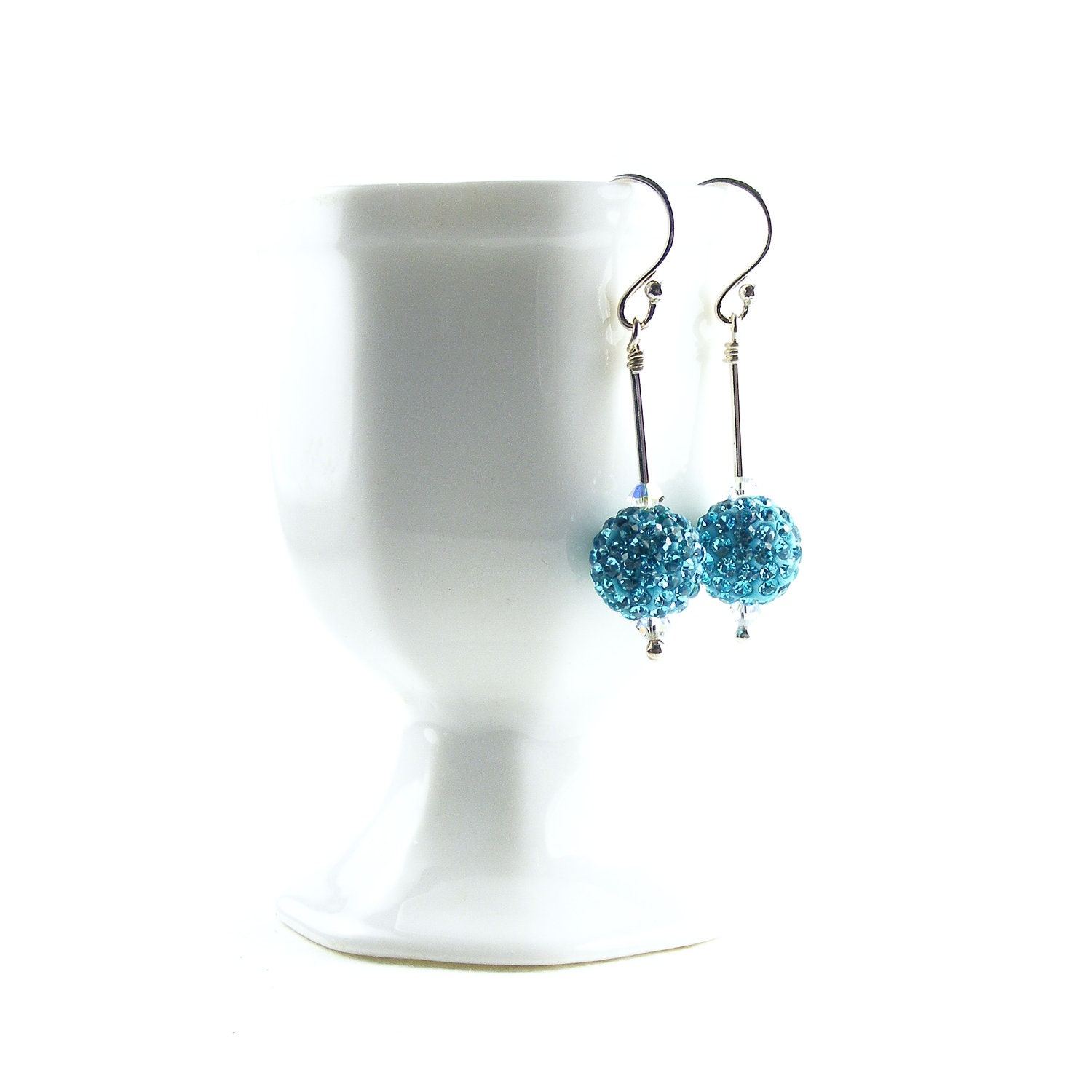 Disco Ball Earrings, Aqua Turquoise Sterling Silver Dangle Earrings, Handmade Swarovski Drop Earrings