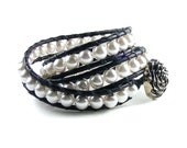 Boho Pearl Wrap Bracelet, Handmade Chan Luu Style Cuff, Black Leather & White Pearls, Double Wrap Bracelet