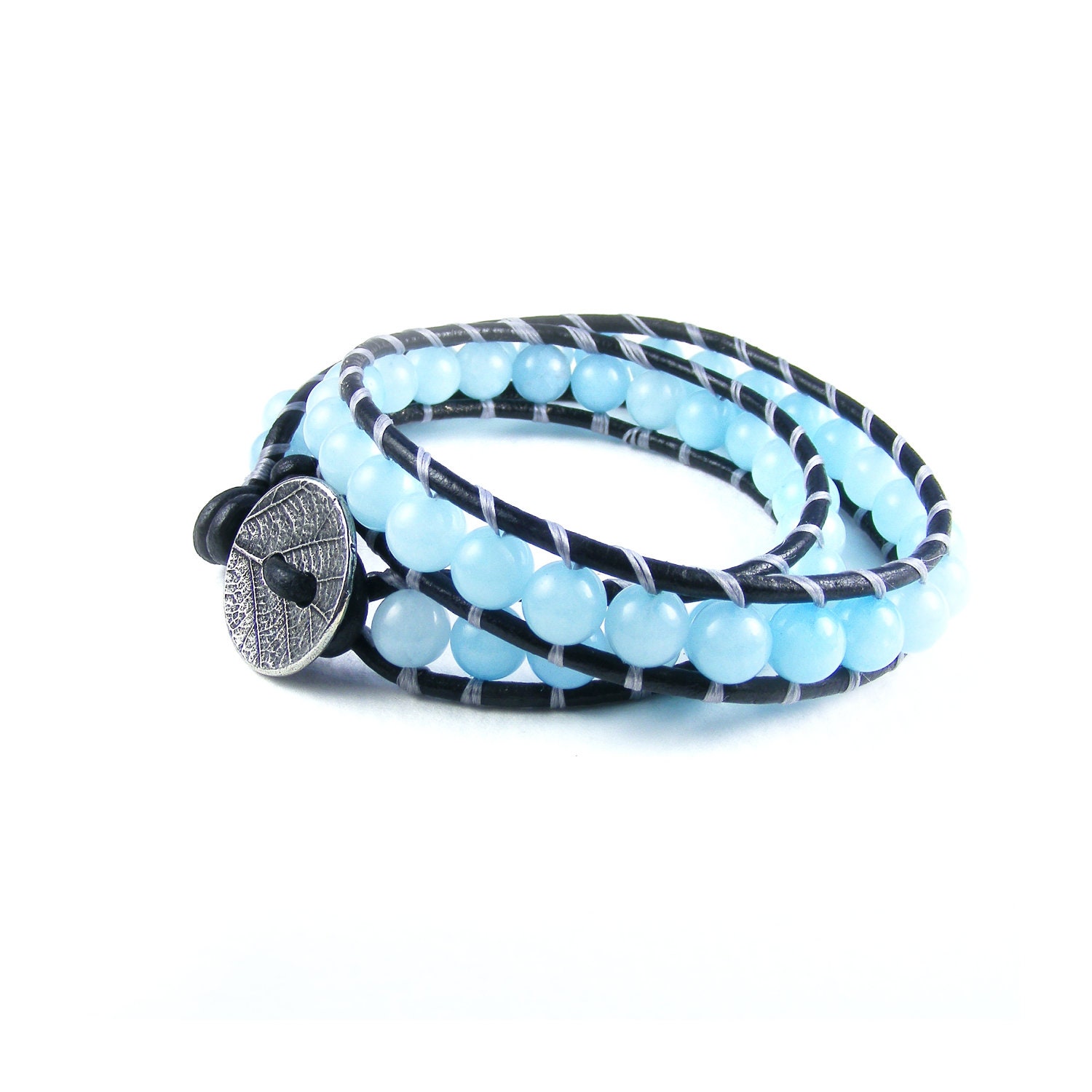 Pale Blue Leather Wrap Bracelet, Chan Luu style Double Wrap Leather Bracelet, Chalcedony Boho Bracelet, Small
