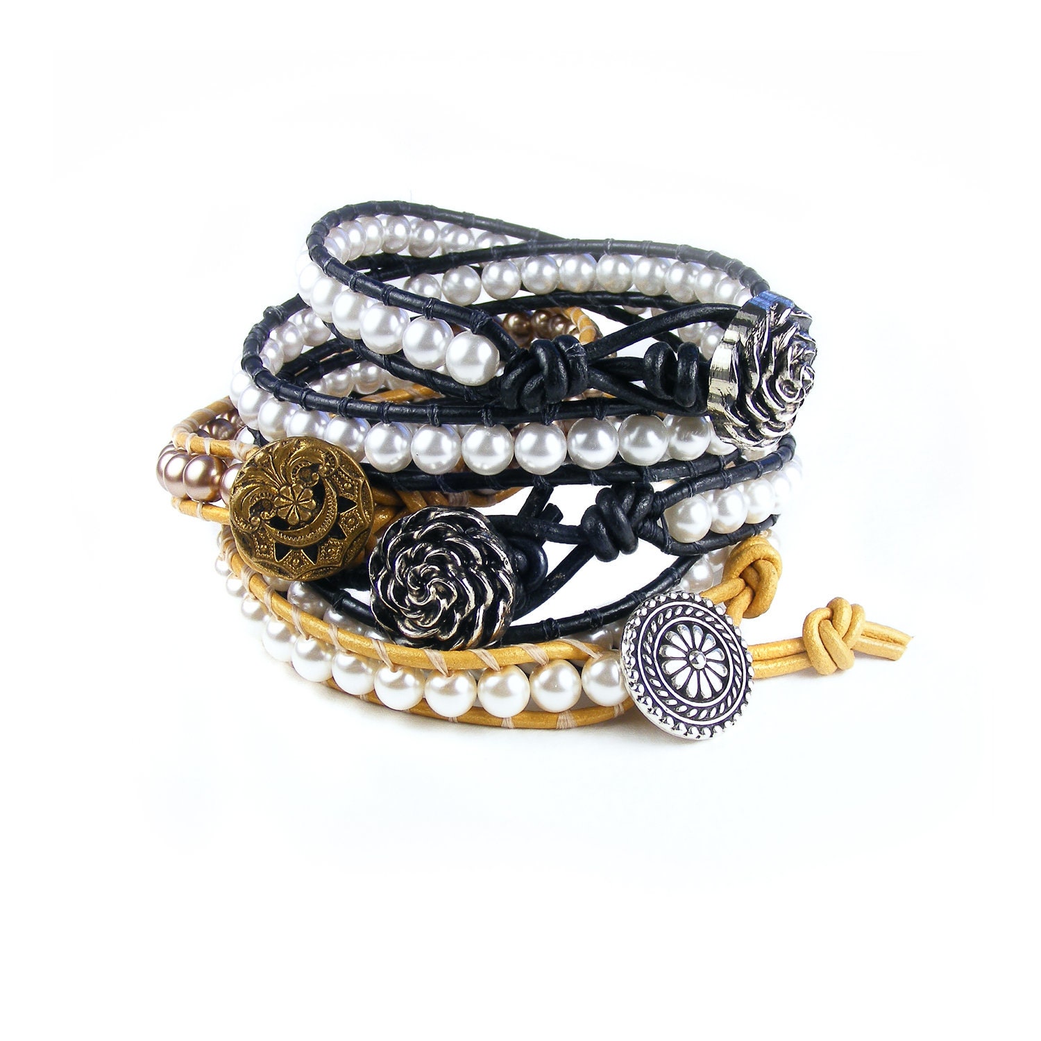 Beaded Leather Wrap Bracelet, Handmade Gold Leather & White Pearl Cuff, Single Wrap Leather Bracelet