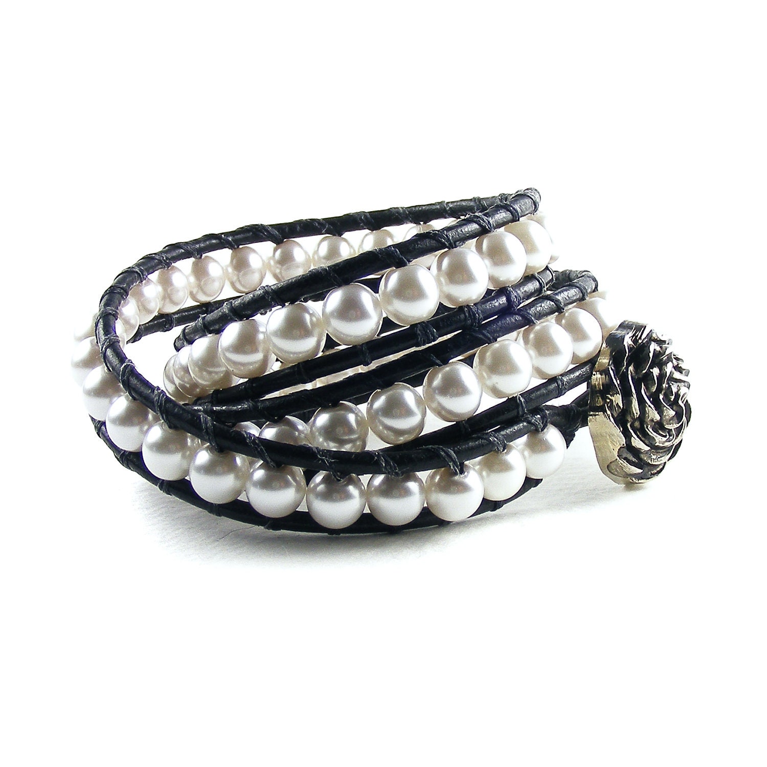 Boho Pearl Wrap Bracelet, Handmade Chan Luu Style Cuff, Black Leather & White Pearls, Double Wrap Bracelet