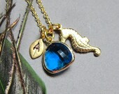 Personalized initial necklace, seahorse charm necklace, Bridesmaid gift, ocean theme wedding, gold framed stone