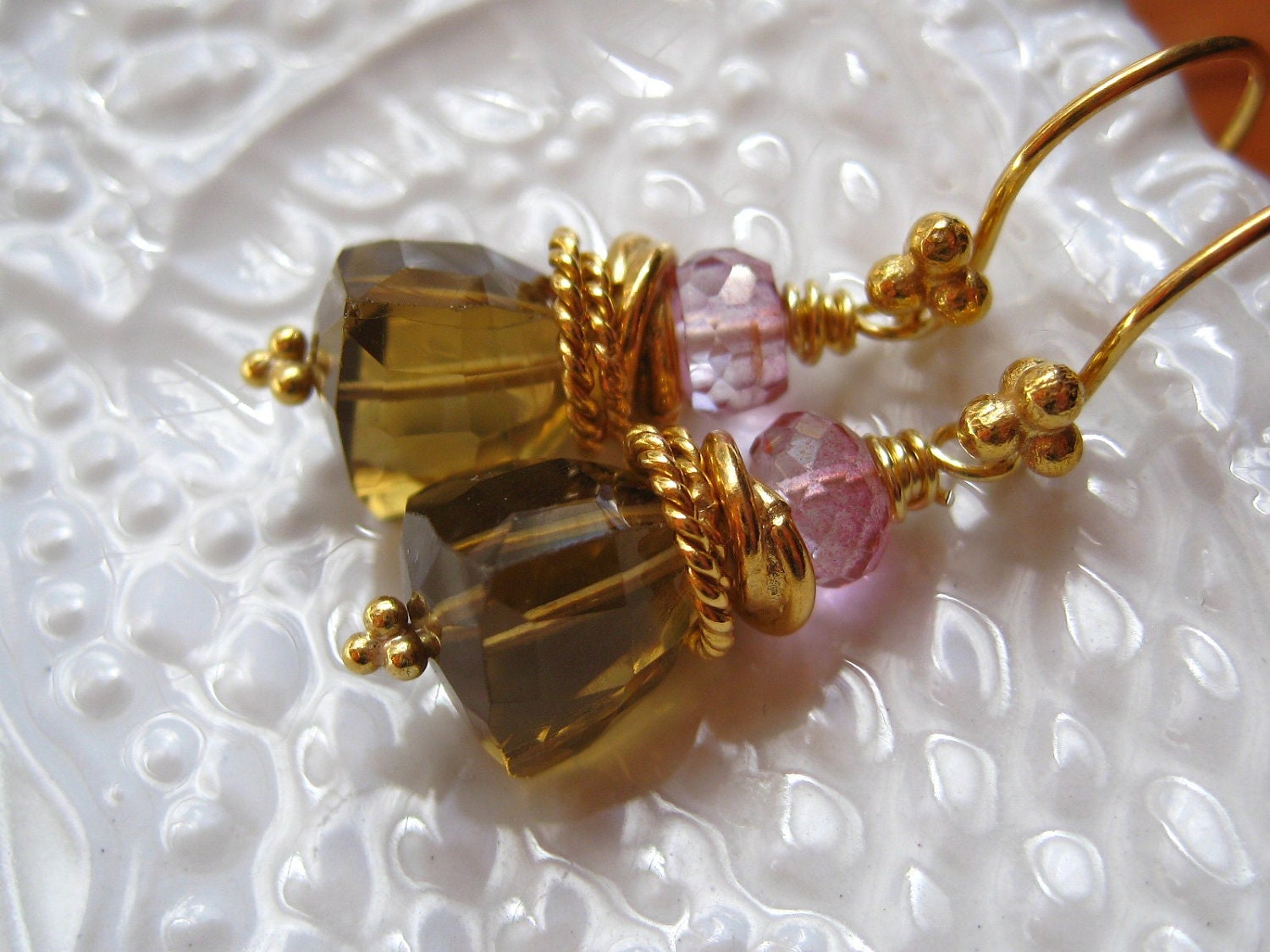 Pink Topaz and Whiskey Quartz Gemstone Earrings-Sugar and Spice