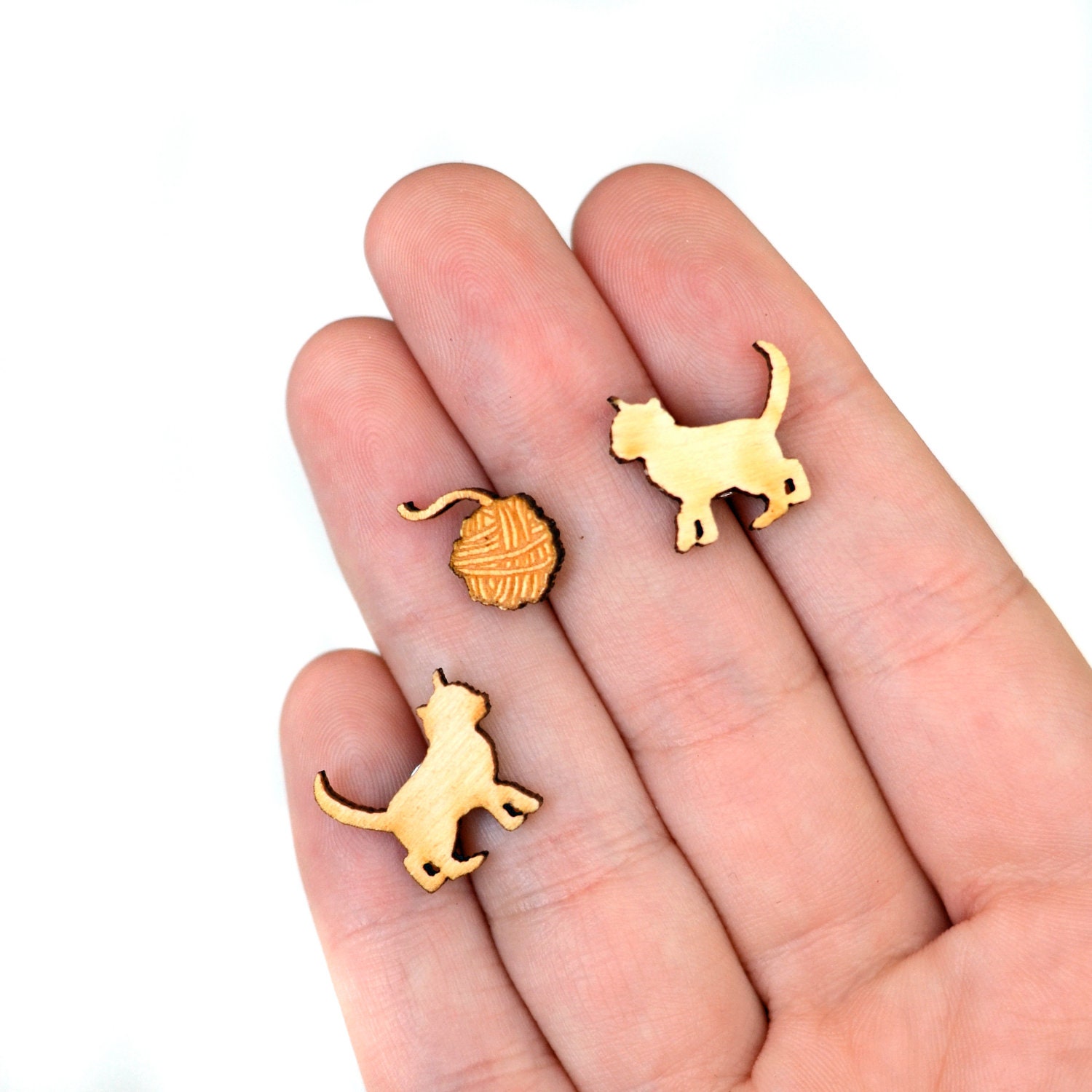 Wooden Kitty and Yarn Ball Post Earrings