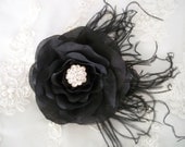 Black Silk Rose  Rhinestone And Feathers Hair Fascinator