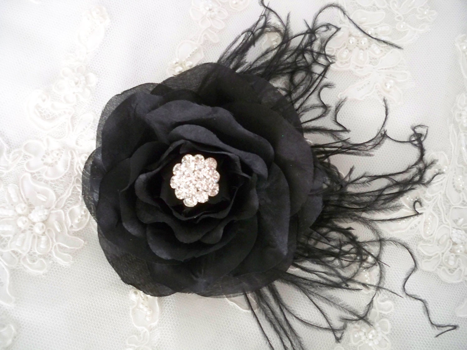 Black Silk Rose  Rhinestone And Feathers Hair Fascinator