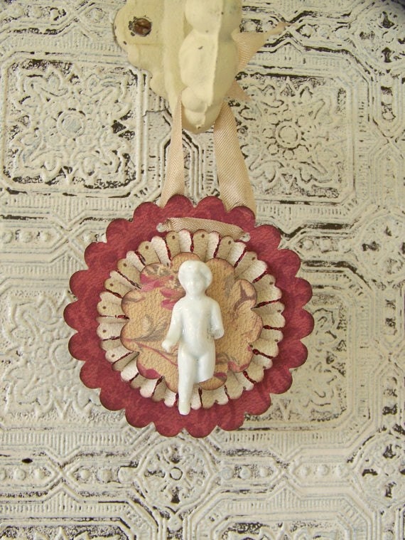 Frozen Charlotte Ornament Handmade Rosette Cottage Style Altered Seashell Ornament Vintage  Frozen Charlotte Collage