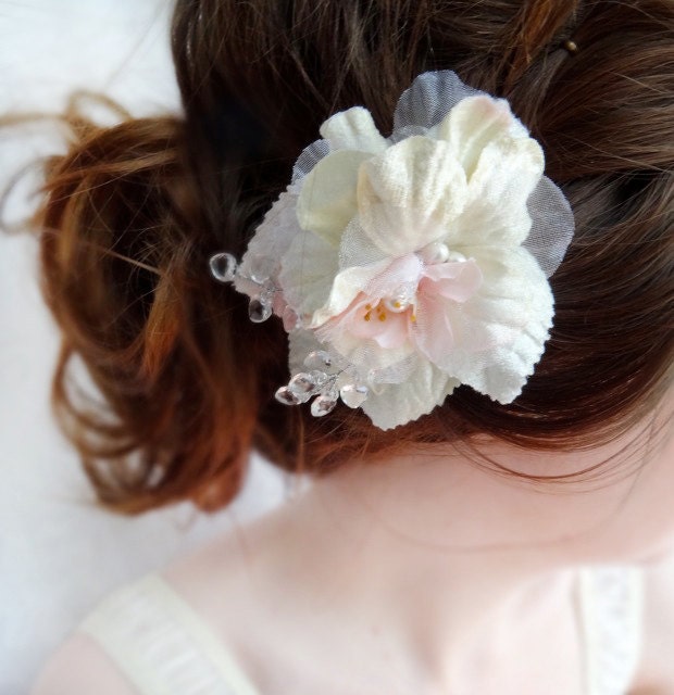 ivory / blush bridal hair clip - BIANCA - organza flower and crystals accessory
