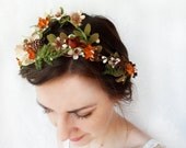 rustic fall wedding headpiece, orange flower, green foliage hair wreath - WOODLAND ELF - bridal flower crown, wedding accessory