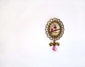 Birdhouse Brooch - Fashion Jewelry - Wearable art pink rose romantic bird lover cameo bow