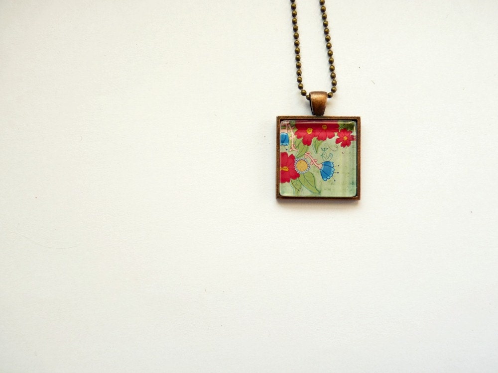 Nature pendant bird lover - fashion jewelry - Art dolls romantic girl spring green red flowers