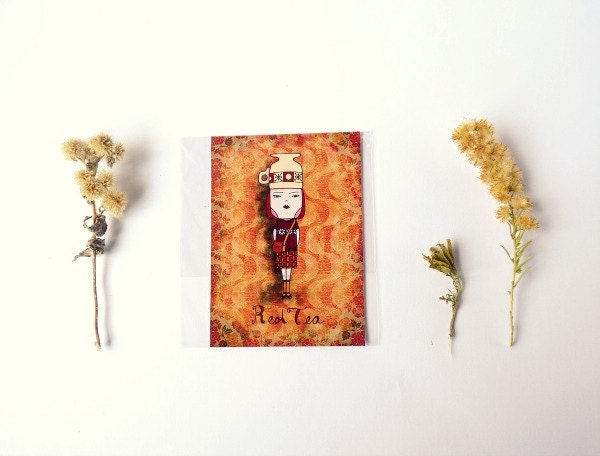 Wall art - ACEO Print - Red Tea Girl 1970s - Kitchen decor autumn girl retro vintage style tea lover preppy